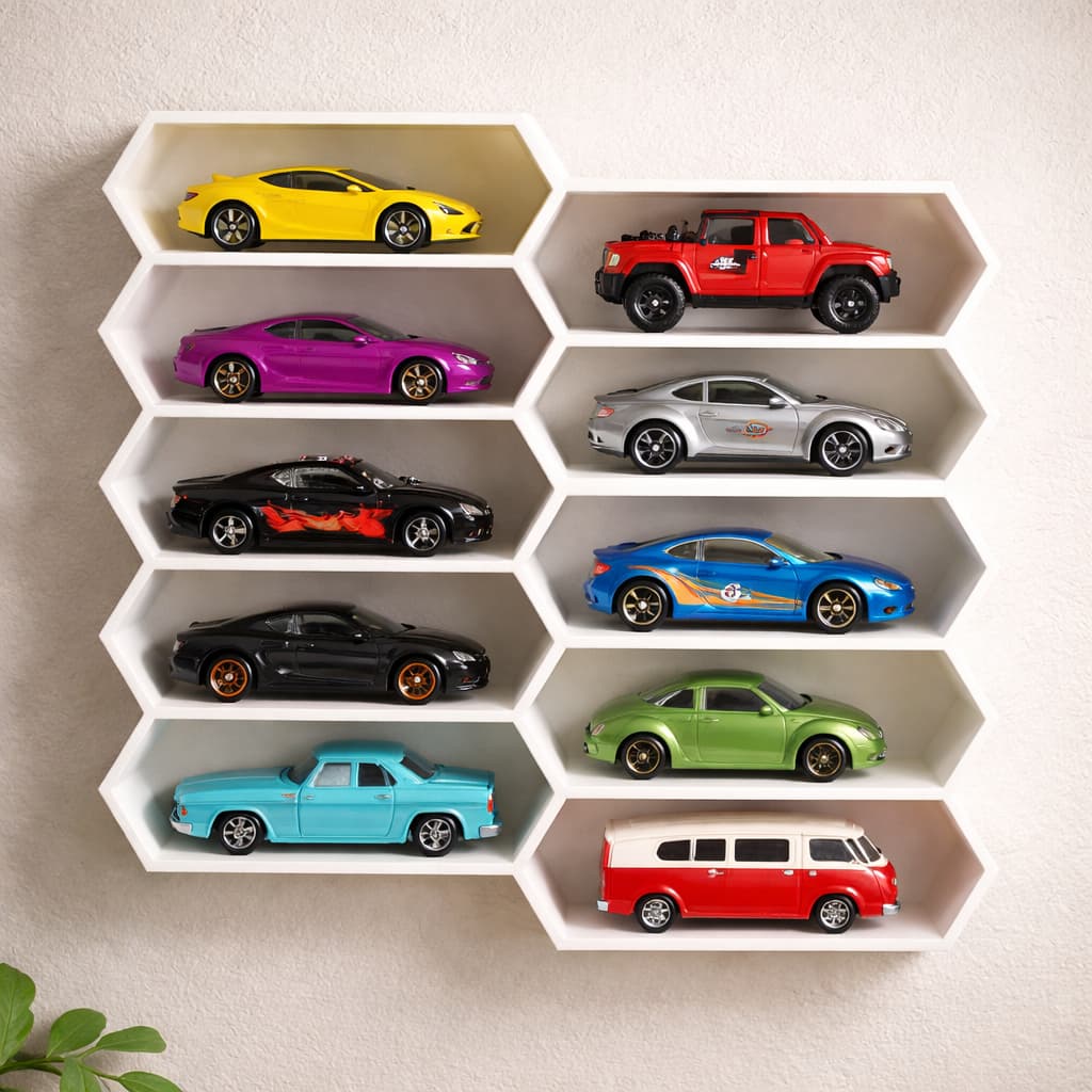 Prateleira Nicho Colmeia para Hot Wheels e Miniaturas 1:64 (1 Display para 10 carrinhos)