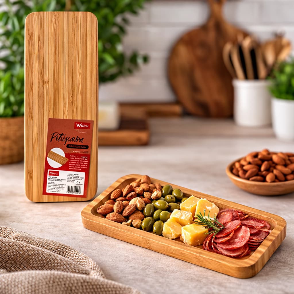 Petisqueira De Bambu Retangular 26cm Para Servir Petiscos Queijos Castanhas E Aperitivos