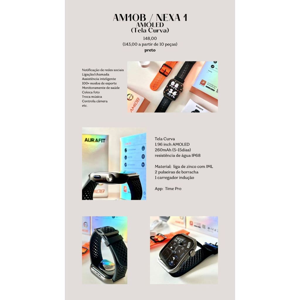 ⌚ Smartwatch AM10B / Nexa 1 AMOLED Tela Curva – Notificações, Chamadas e +100 Modos Esportivos