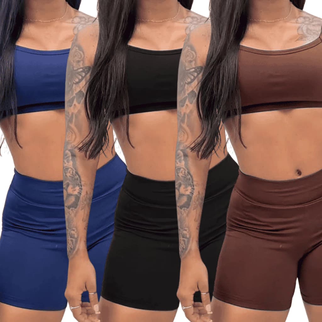 Kit 2 Conjuntos Lisos Fitness Academia Suplex Cintura Alta Blackout