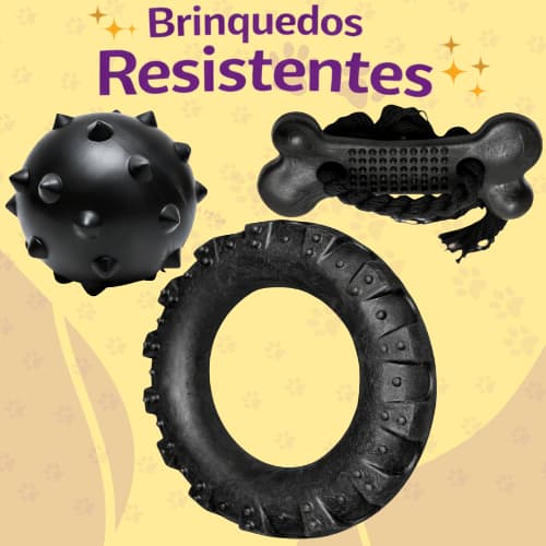 Kit Brinquedo Mordedor para Cachorro Pneu  Bola Cravo Maciça Osso Grande Black com Corda