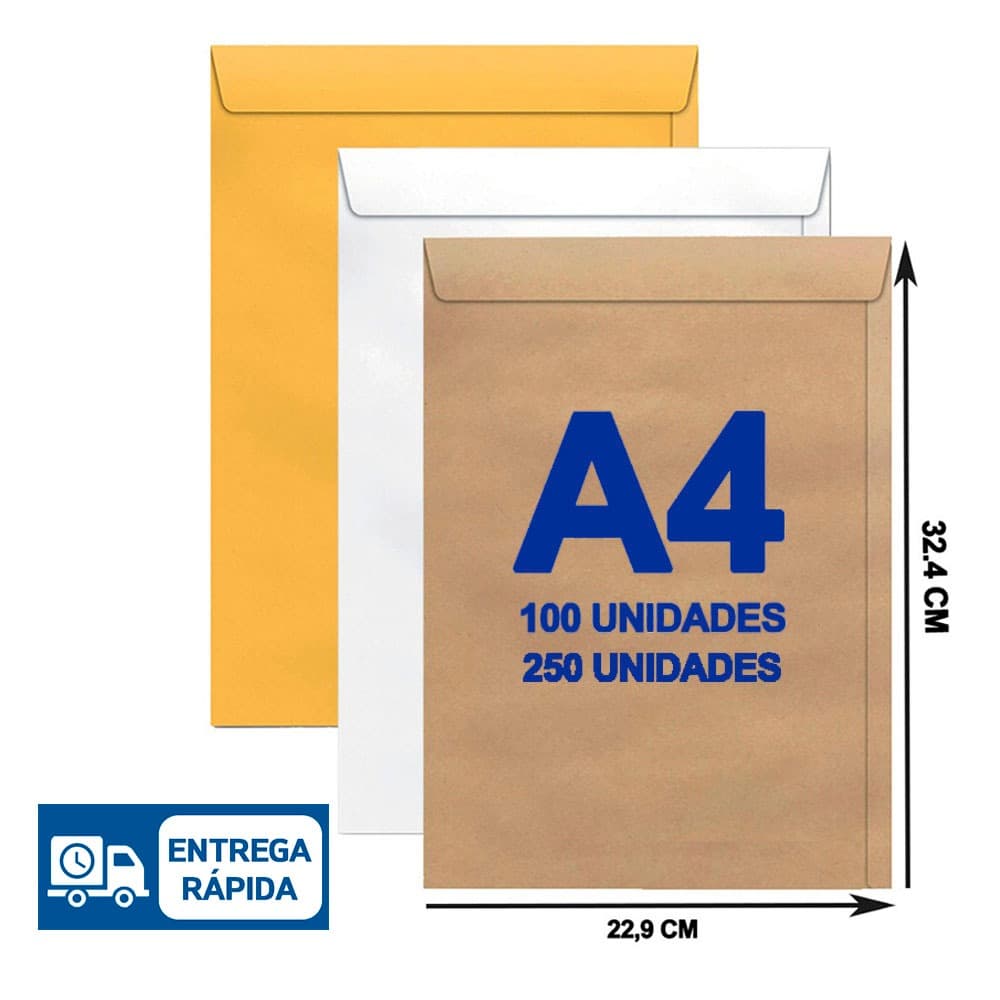 Envelope A4 22x32 cm Kraft 229x324 Curriculum Escritório Pardo, Branco e Ouro 100  e 250 Unidades