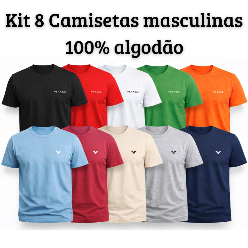 Kit 8 Camisetas Masculinas 100% Algodão Premium Básica Lisa Confortável Promoção Atacado Barato Dia a Dia RevendA