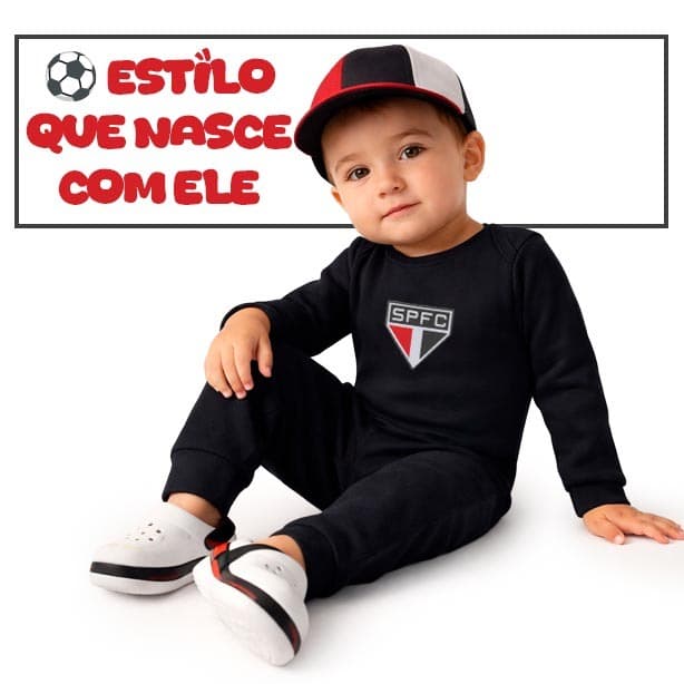 Conjunto Body Térmico São Paulo Peluciado Brasão de Time Infantil Bebê Tamanho P ao 3 Anos