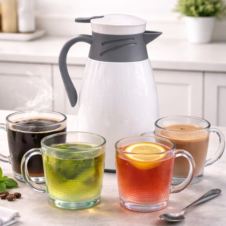 Jogo Garrafa Térmica 1L + 4 Canecas de Vidro Kit Café Chá Mantém Quente e Frio Casa Escritório - SORTIDA