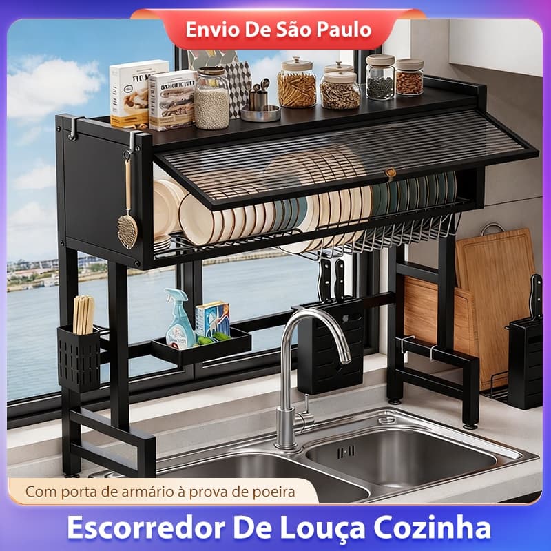 Escorredor Louça Cozinha Suspensa Modular Autosustentável Aço Sobre Pia Organizador Pratos 65/75/85/95/105cm Branco