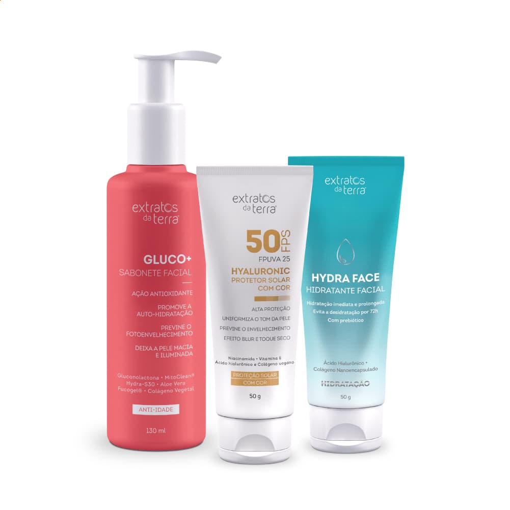Kit Skincare com Ácido Hialurônico: Sabonete Gluco Anti-idade, Hidratante com Prebiótico Protetor Solar Hyaluronic FPS50