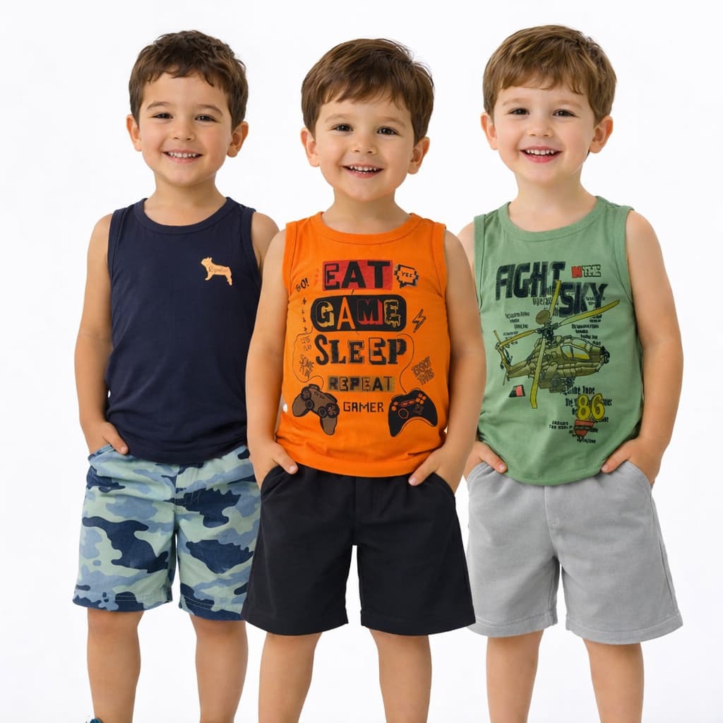 Kit 6 peças de roupa infantil conjunto menino 3 regata e 3 bermuda Sortidas Tamanho 1 2 3 4 6 8