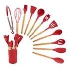 Kit Utensílios de Cozinha Silicone 12 Peças Antiaderente Cabo Madeira Premium -  Cores Sortidas