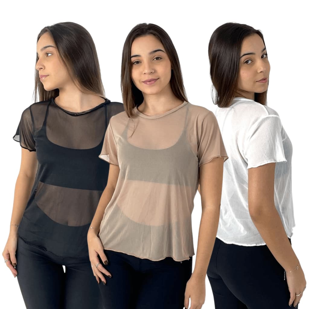 KIT 3: Blusa Feminina Transparente Fitness Manga Curta em Tule para Academia
