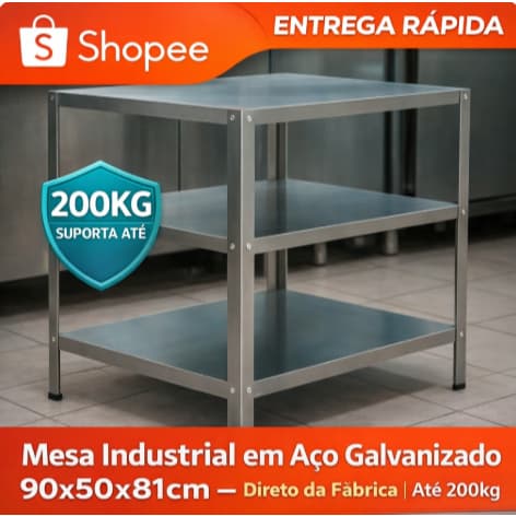 Mesa em Aço Galvanizado 90x50x81cm Reforçada Até 200kg – Pronta Entrega Direto da Fábrica