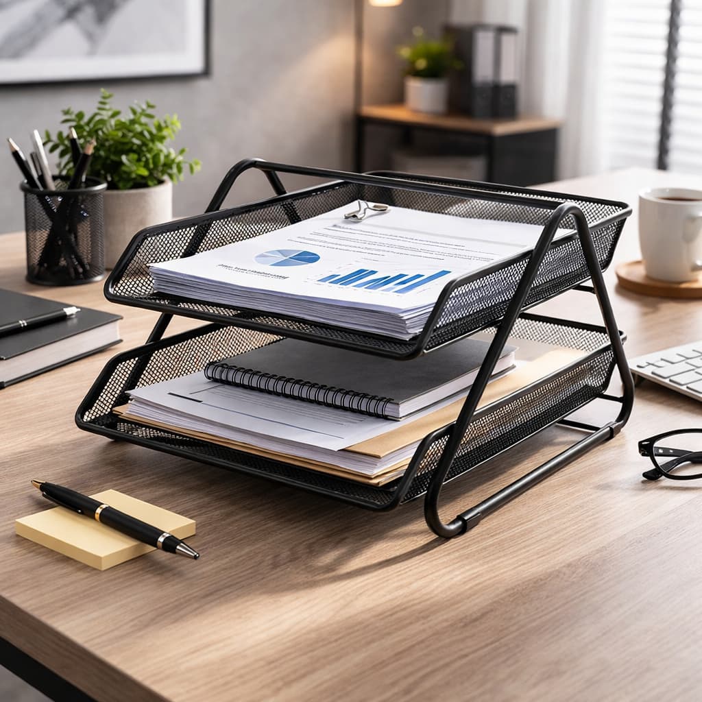 Organizador De Mesa Multiuso Tela Metálica 2 Andares Armazenamento Escritório