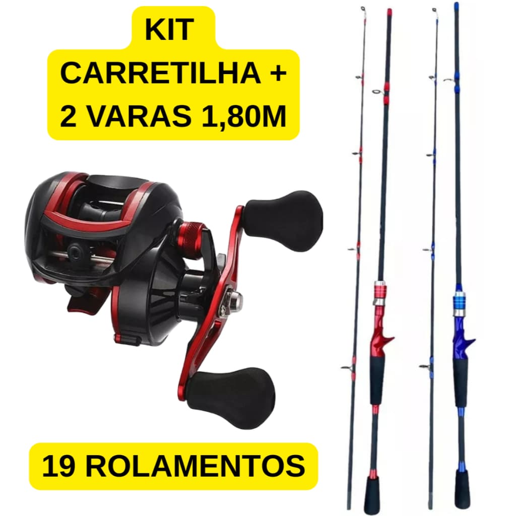 Kit Pesca Carretilha 19 Rolametos + 2 Varas 1,80m Fibra de Carbono