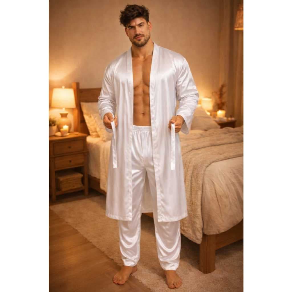 Conjunto De Robe Roupão e Calça Masculino De Cetim