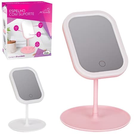 Espelho Led c/Suporte USB 30x14cm ROSA