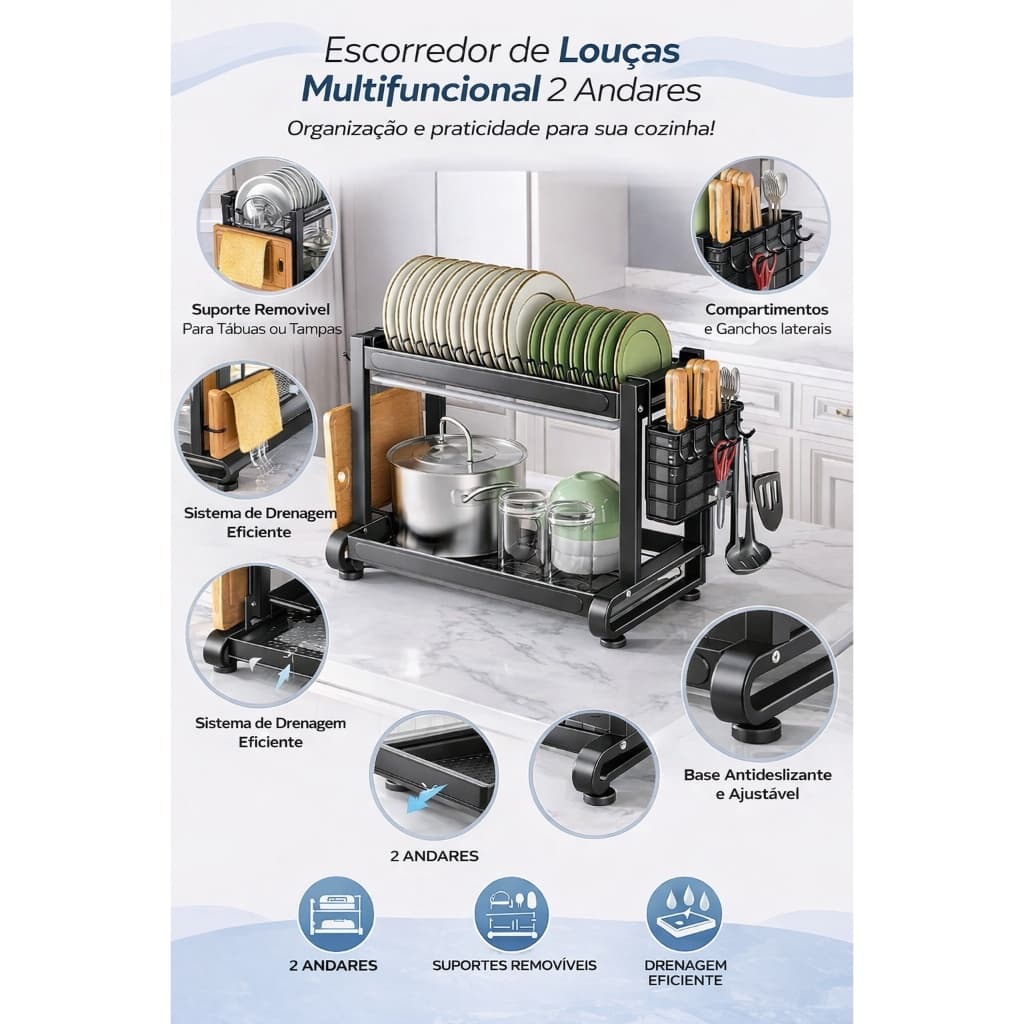 Escorredor de Louças 2 Andares Multifuncional de Bancada - Preto Fosco - Rack de secagem -Eficiência e Elegância