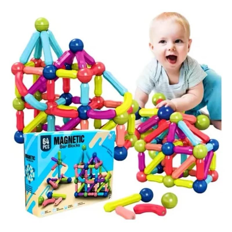 Kit Blocos de Construção Magnéticos 64 Peças 3D Montessori Infantil
