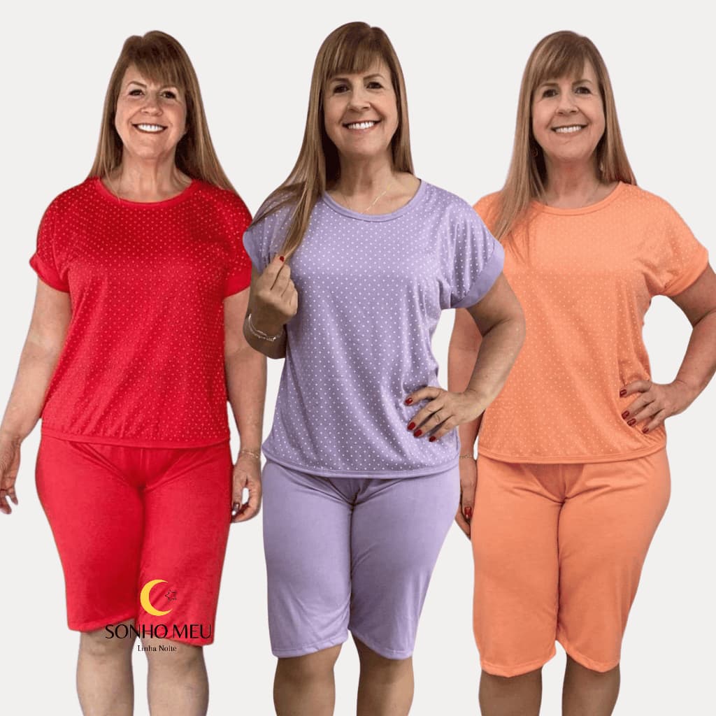 Kit 3 Pijama Pescador Conjunto Bermuda e Blusa Manga Curta Feminino Malha até o Joelho Senhora Noite