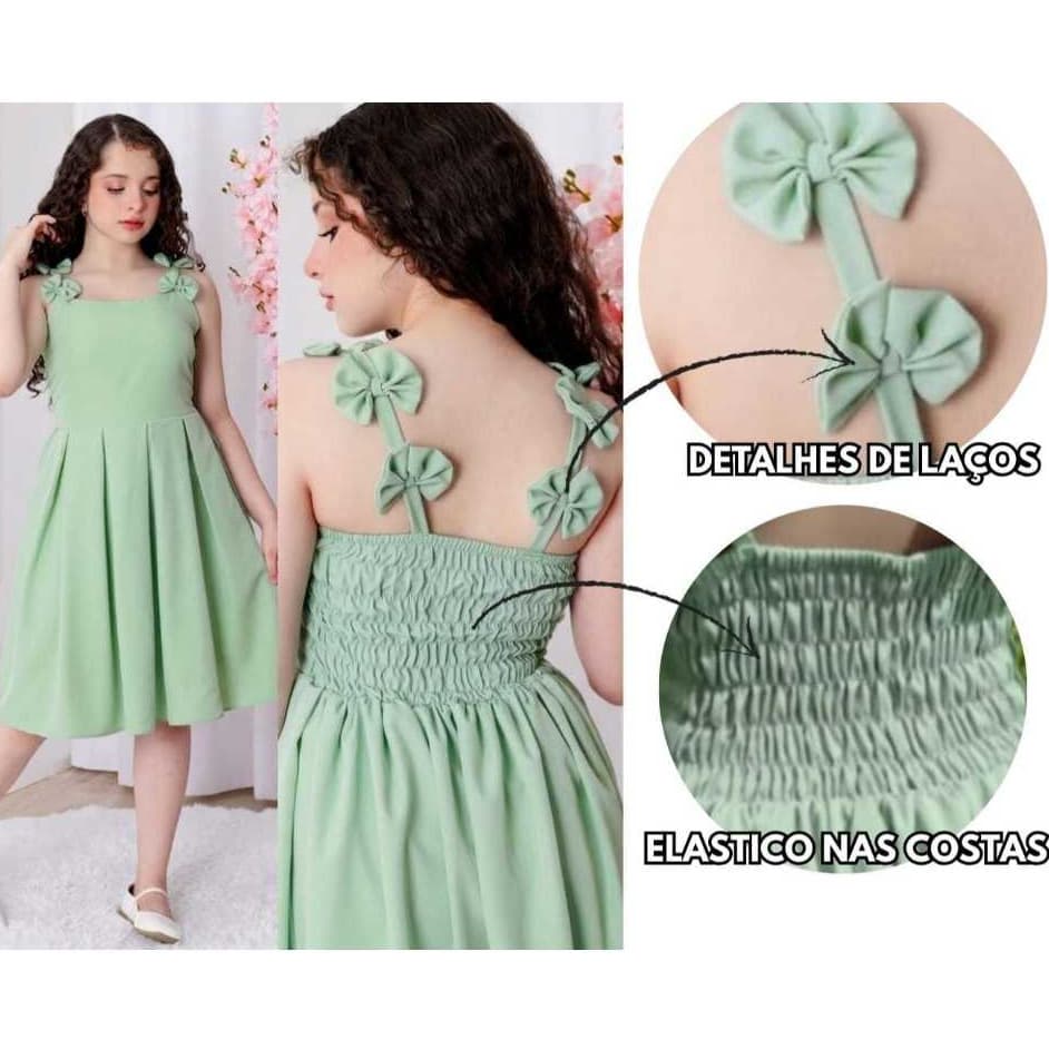 Vestido Infantil Juvenil Menina Mídi Rodado Com Laço Luxo Casual Festas 8 ao 14