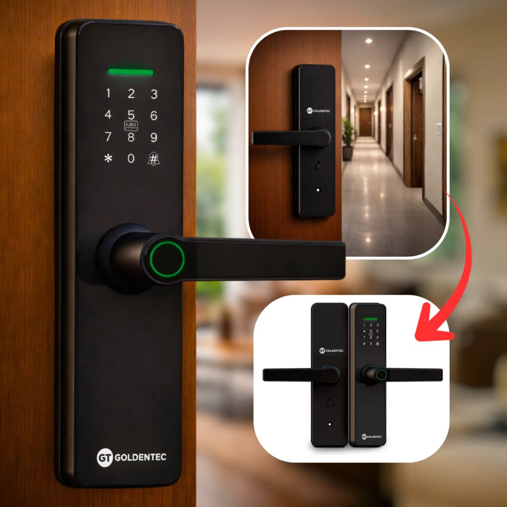Fechadura Digital Smart Biometrica RFID Senha App Tuya Preta Goldentec GT Com Cartao Chave Backup 5