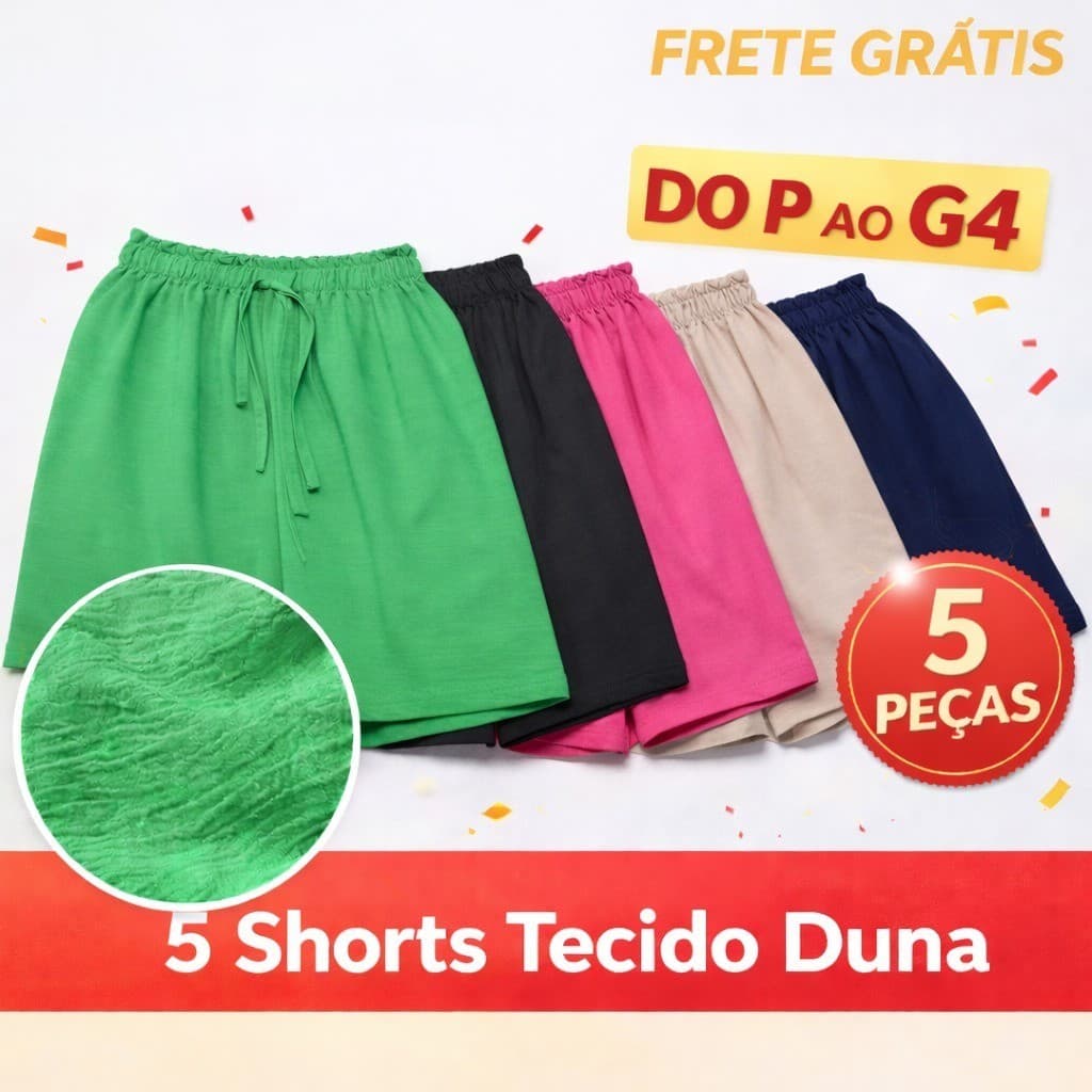 Kit 5 Shorts Feminino Tecido Duna Cintura Alta com Elástico e Cordão Casual Confortável do P ao G4