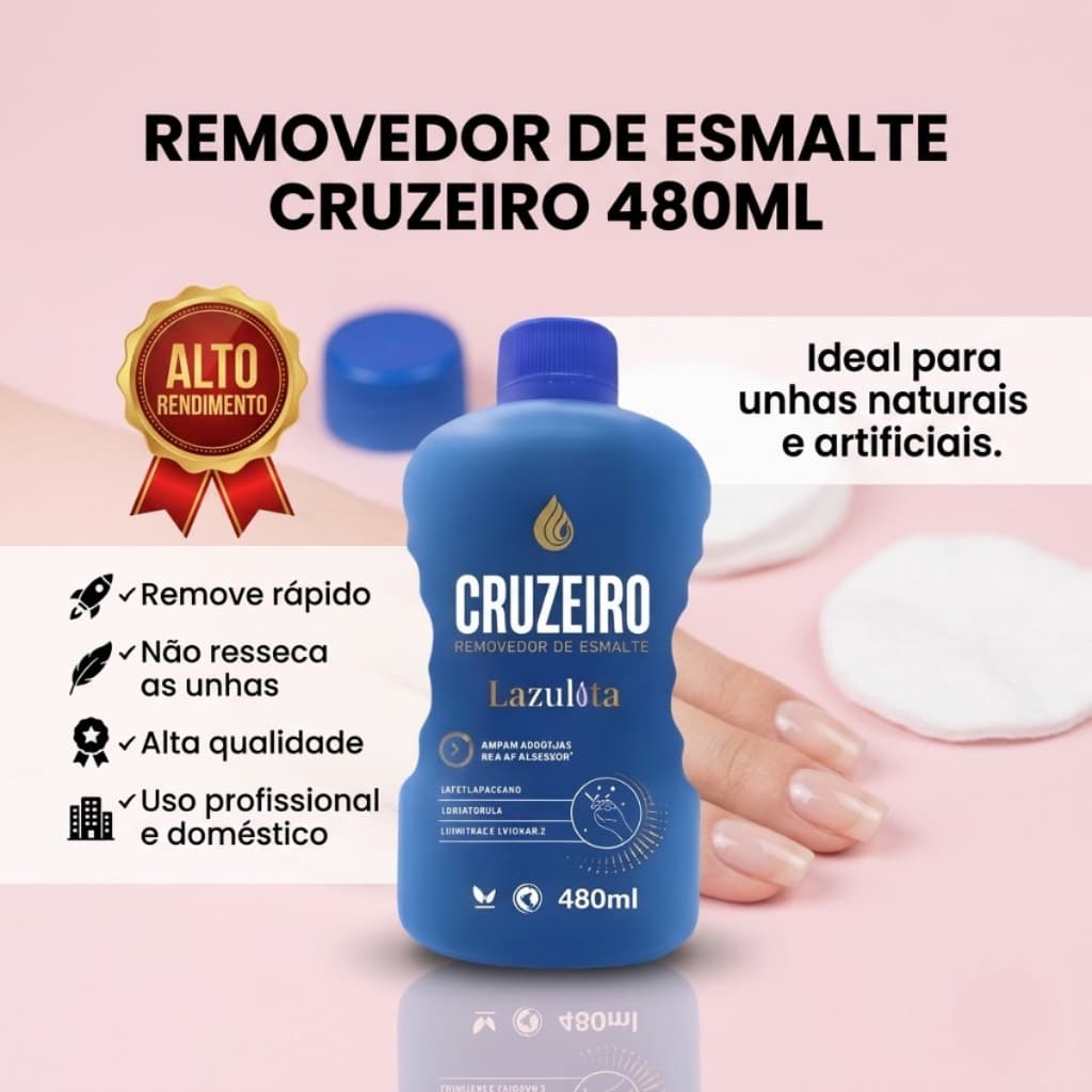Acetona Cruzeiro Azul 480ml Removedor de Esmalte Rápido, Hipoalergênico, com D’Panthenol, Camomila