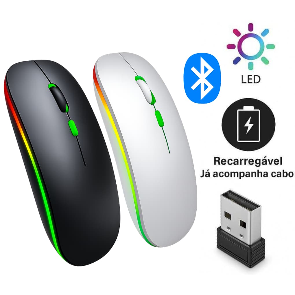Mouse sem Fio Bluetooth Wireless Recarregável com LED RGB