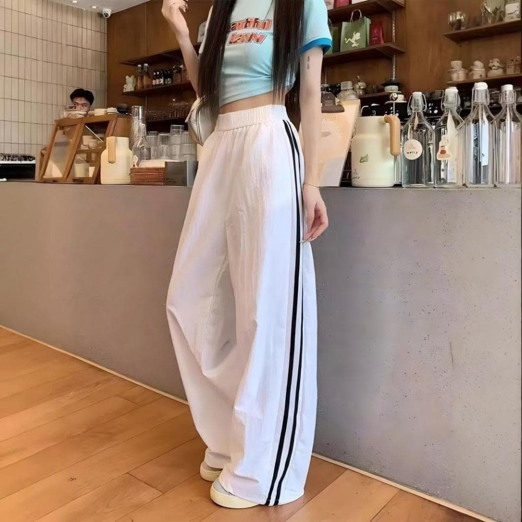 Calça Pantalona Listras Laterais Feminina, Elástica Alta, Solta, Fina, Retrô, Verão, Casual e Trabalho
