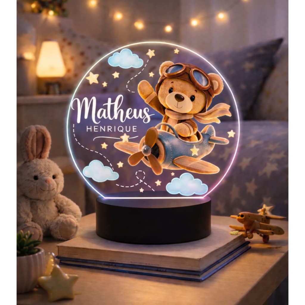 Luminária Uv Colorido Urso Aviador, Presente Decoração Quarto Abajur, Aniversário, Batizado Criança, Chá de Bebê, Menino