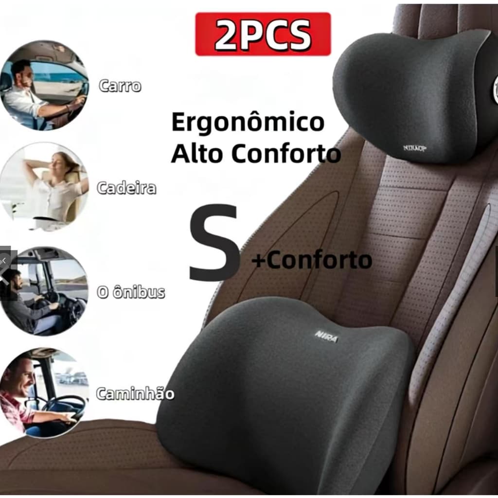 Conjunto de Apoios para Cabeça e Lombar Veicular – Espuma de Memória para Banco de Carro