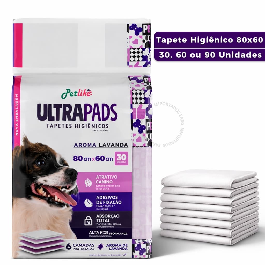 Tapete Higiênico 80x60cm Ultra Pads 30 60 Ou 90 Unidades Cães Cachorro Gatos Aroma Lavanda Absorção PetLike