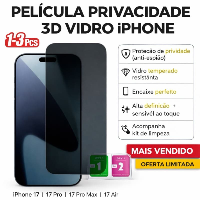 Película De Privacidade 3D Vidro Para Iphone 17/17 PRO/17 PRO MAX/17 AIR