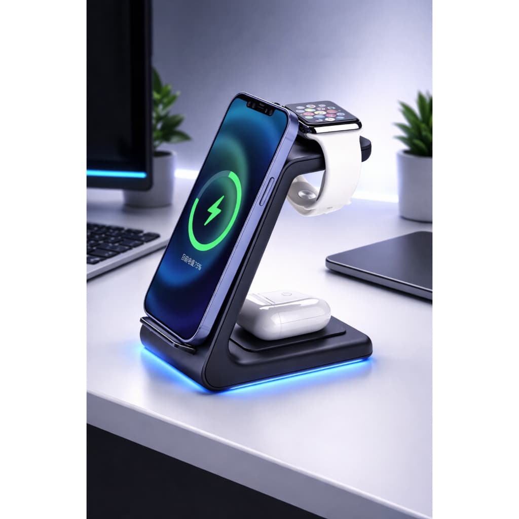 Carregador Sem Fio Por Indução 3 Em 1 Turbo 20w Para Celular Cor Preto Preto