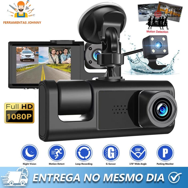 Gravador Veicular Tela Ventosa 3 Lentes DVR Câmeras Segurança para Veículos Frente Interior Traseira câmera direção