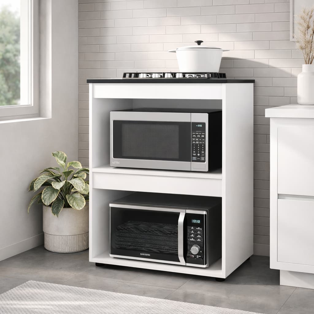 Balcão Multiuso 90cm para Microondas e Forno com Nichos Amplos Moderno e Funcional Cor Branco
