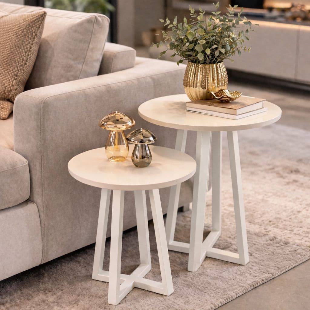 Kit 2 Mesas Lateral Redondas Decorativas Grécia Pretas Base Pé Aço Branco Apoio Sala Moderna Luxo 20x30