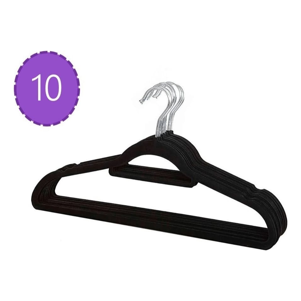 Kit 10 Un. Cabide de Veludo Adulto Slim Antideslizante Premium Preto
