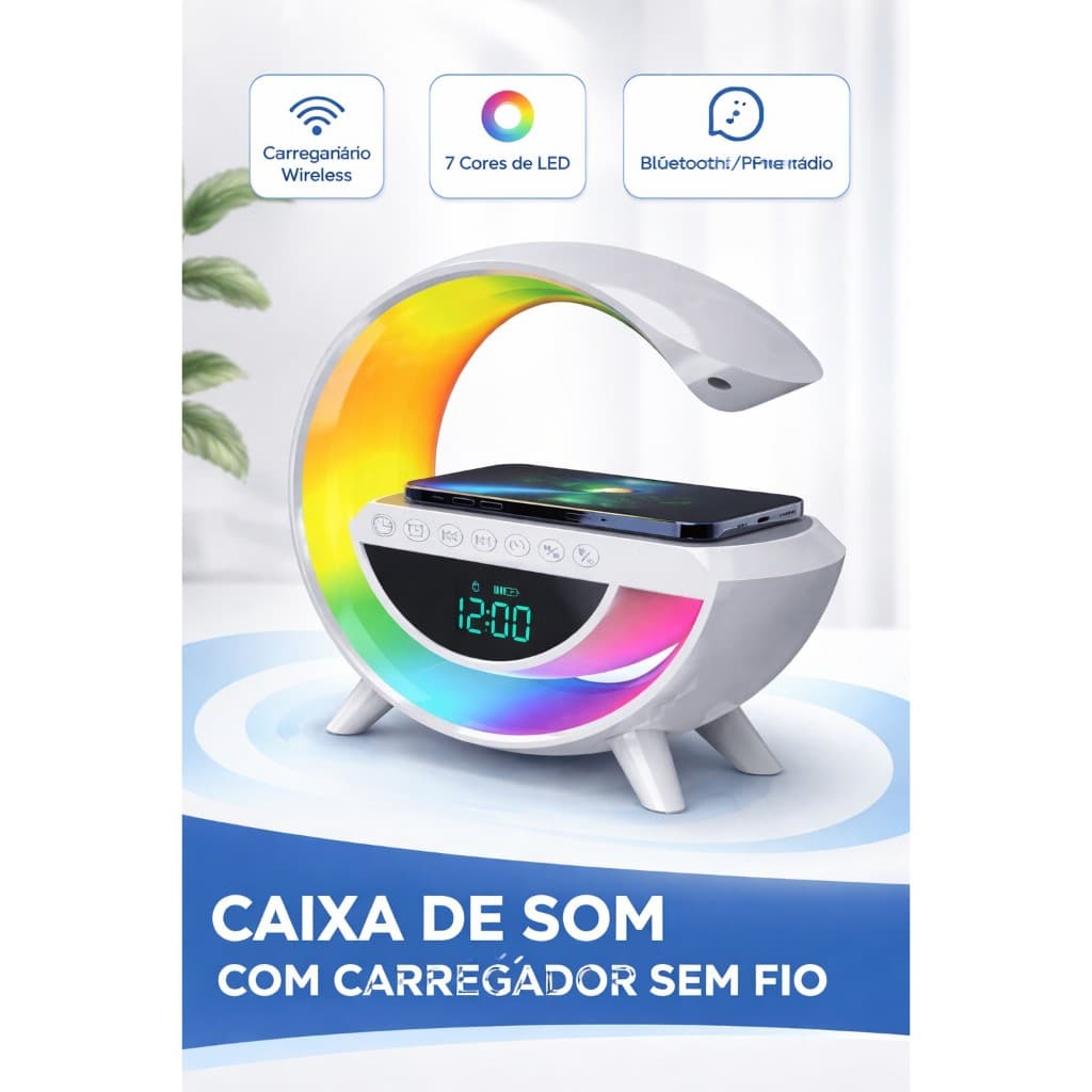 Caxinha de Som G -Speaker Com Relógio Luminária Bluetooth Carregador Sem Fio Led Luz Rgb COM RELÓGIO