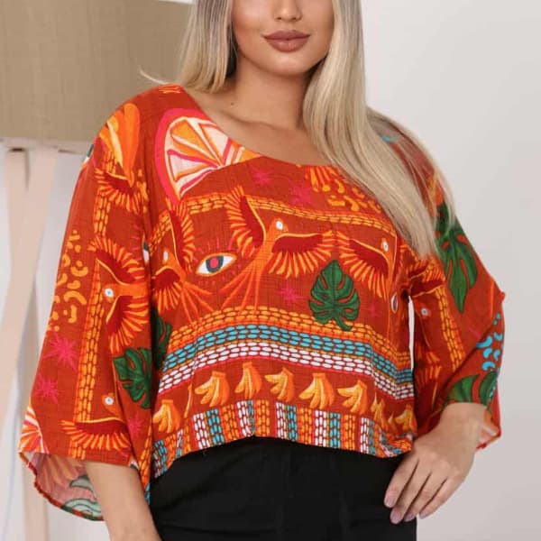 Blusa Cropped Feminina De Manga Flare Gola Redonda