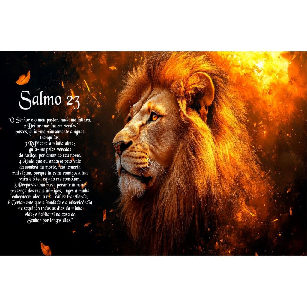 Quadro Decorativo Leão de Judá Religioso Salmo 23 Leão Fogo Brilhante Luxo