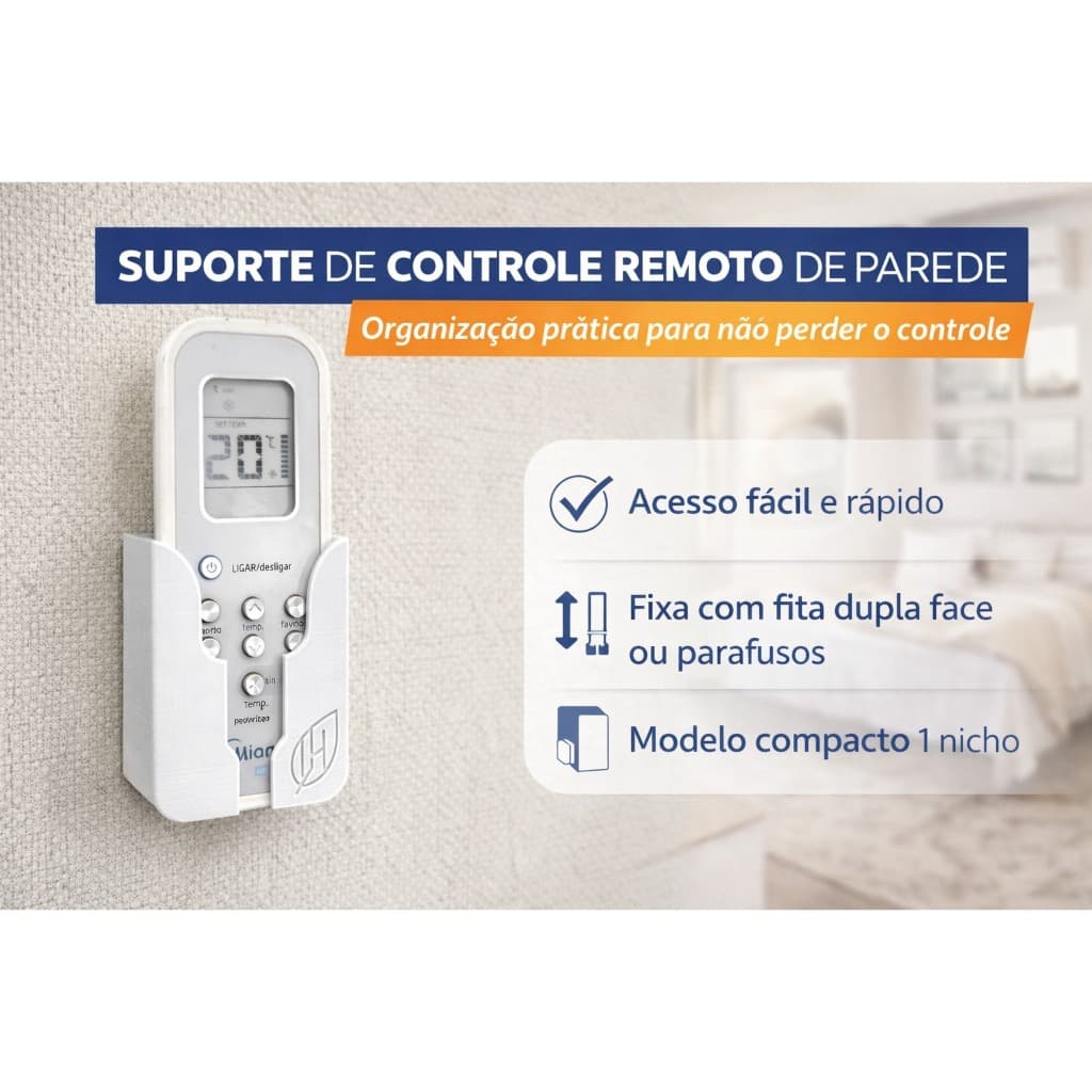 Kit Suporte de Controle Remoto de Parede | Organizador 1 Nicho para TV Ar Condicionado Cabeceira