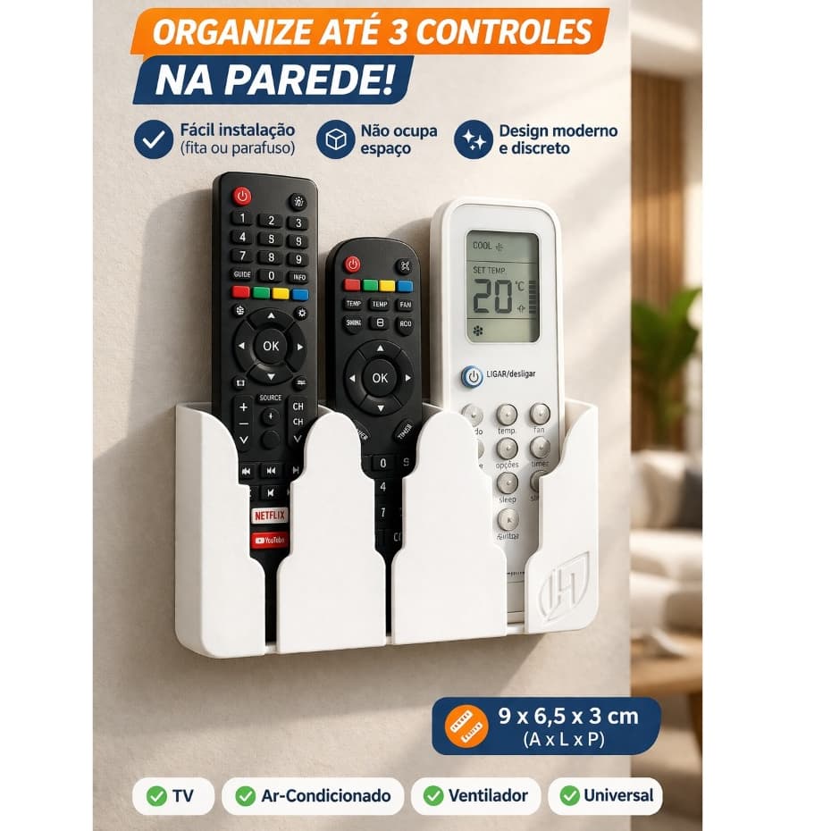 Kit Organizador de Parede Funcional Decorativo para Três Controles de TV e Ar Condicionado
