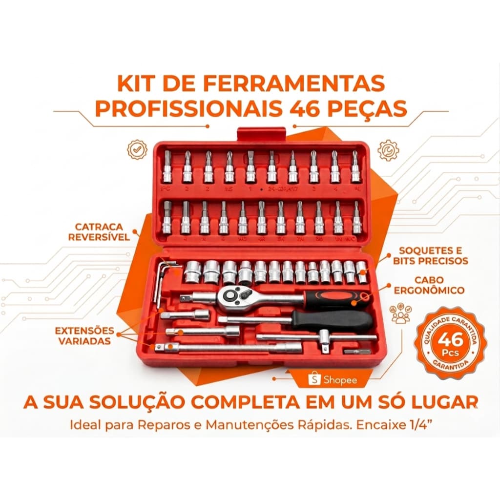 Kit De Ferramentas 46 Peças Jogo De Soquetes Chave Catraca Reversível Com Maleta Jogo De Ferramentas Completo