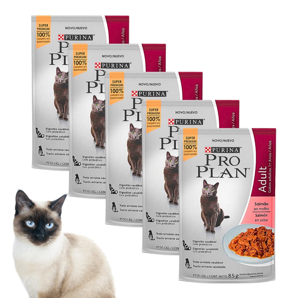 Kit C/5 Saches Purina Pro Plan Ração Úmidas 85g Para Gatos Adultos Sabor Salmão Ao Molho Kit Premium