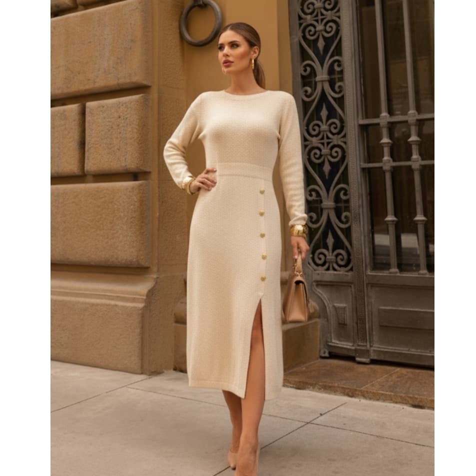 Vestido Tricot Mousse Midi Feminino Manga Longa Fenda Botões Premium Inverno