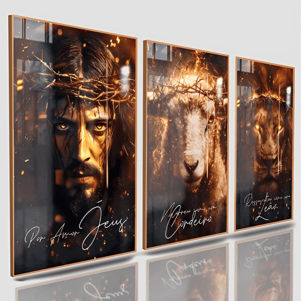 Kit 3 Quadros Grande Decorativo Leao Cordeiro Fe Jesus 122x60 Sala