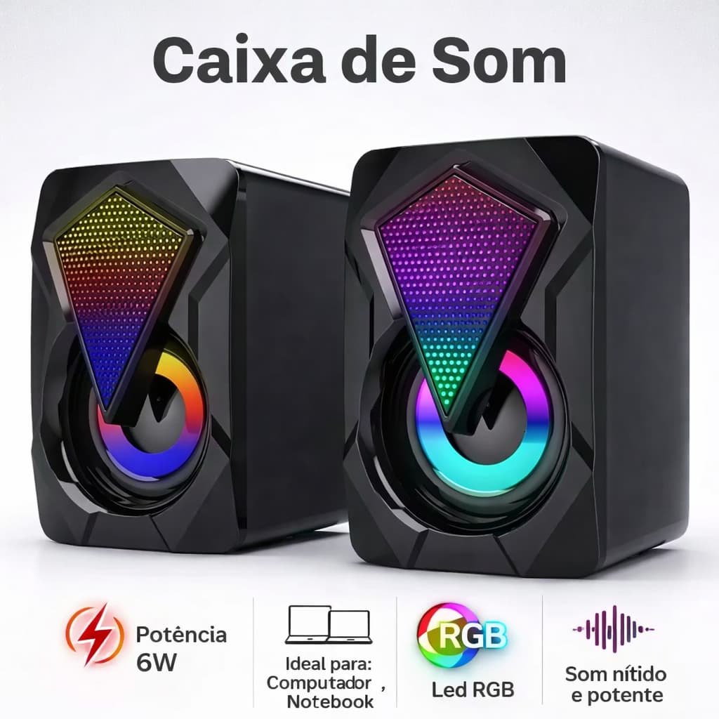 Caixa Som Pc Notebook 6W RGB Gamer Alto Falante USB Estereo Led Computador Audio Potente Bass