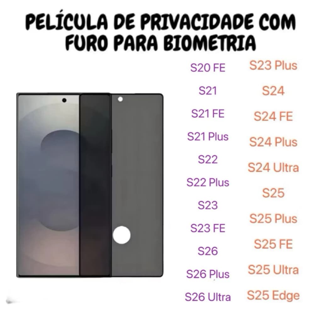 Película de vidro 3D Privacidade COM FURO Anti Spy Para Samsung Galaxy S26 S25FE S25 S24 S23 S22 S21 S20 FE Plus Ultra
