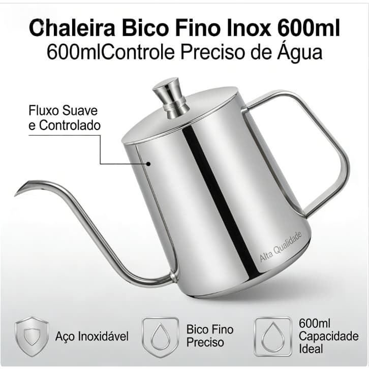 Bule Inox Bico Fino 600ml | Chaleira Profissional para Café, Leiteira Aço Inoxidáve