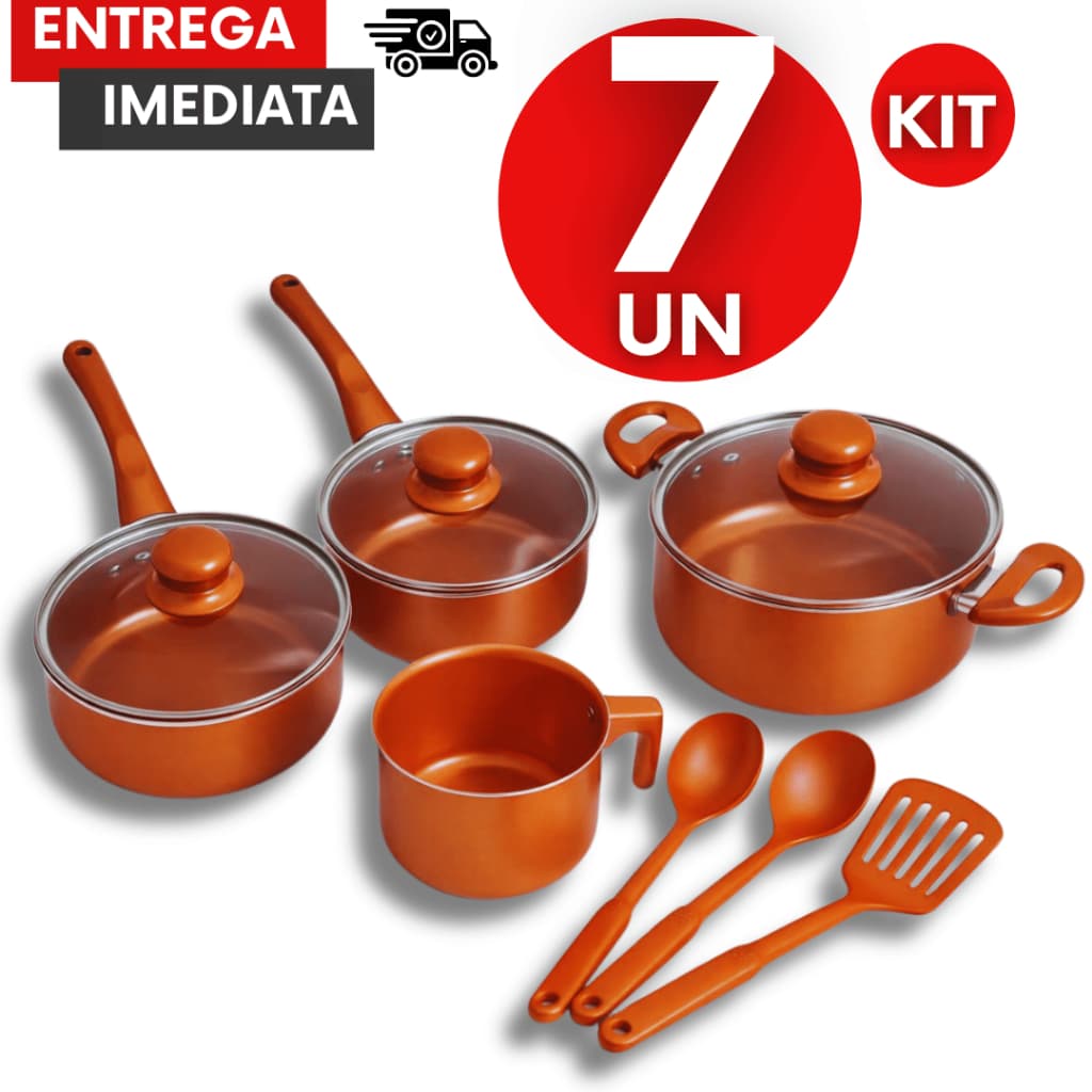 Kit Jogo Panelas 16 E 18Cm Caçarola 20Cm Tampa Vidro Leiteira Antiaderente Estilo Cobre+3 Utensilios